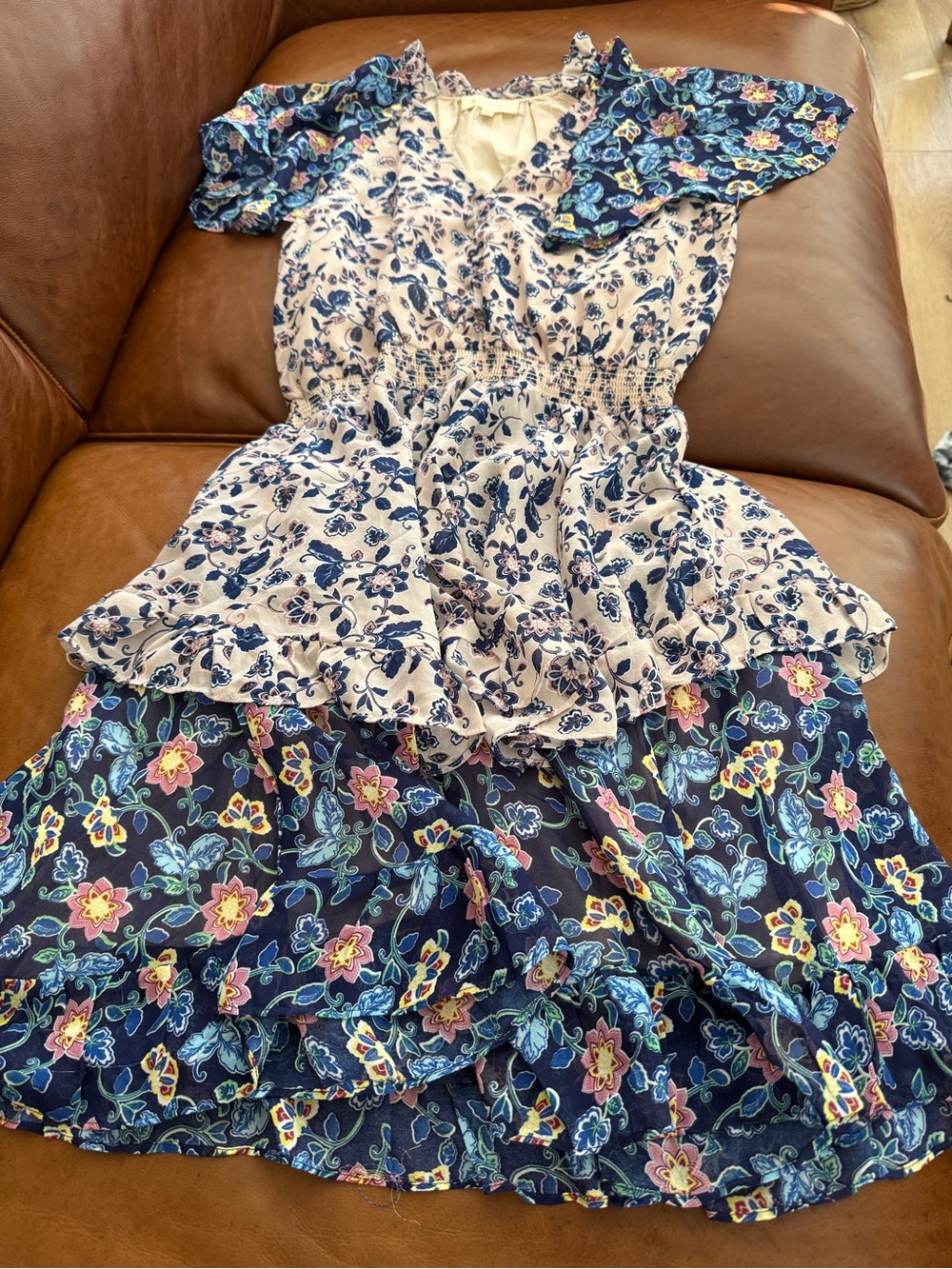 MELLODAY Layered Floral Ruffle Dress - Navy, White, Pink